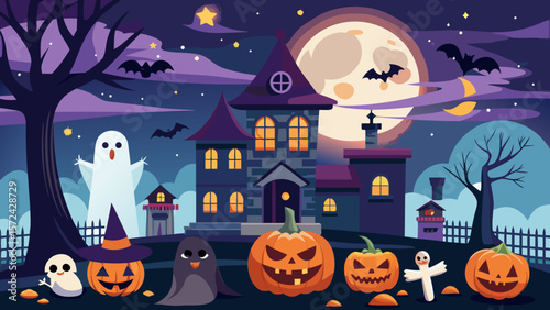 Vector art of a classic halloween night scene with a haunted house, carved pumpkins, friendly ghosts, and spooky tombstones under a full moon