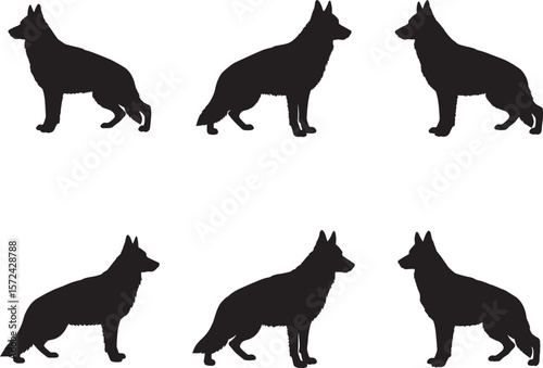 Six german shepherd dog silhouettes in various poses silhouette