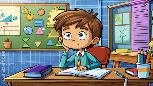 Elementary school student sits at desk thinking. Thoughtful boy in class, concentrating on math problem, with serious expression. Primary school, education, back to school concept, kids learning.