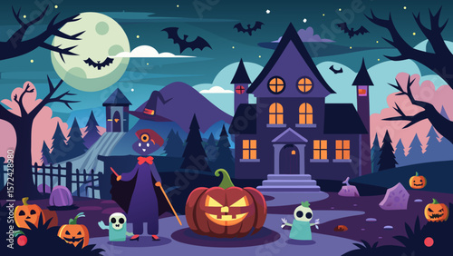 Vector art of a spooky halloween night scene unfolds before a haunted house, where pumpkins grin mischievously under a full moon, bats flutter, and ghostly figures dance