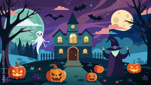 Vector art of an eerie halloween scene with a spooky green house, a mysterious wizard, and glowing jackolanterns under a full moon