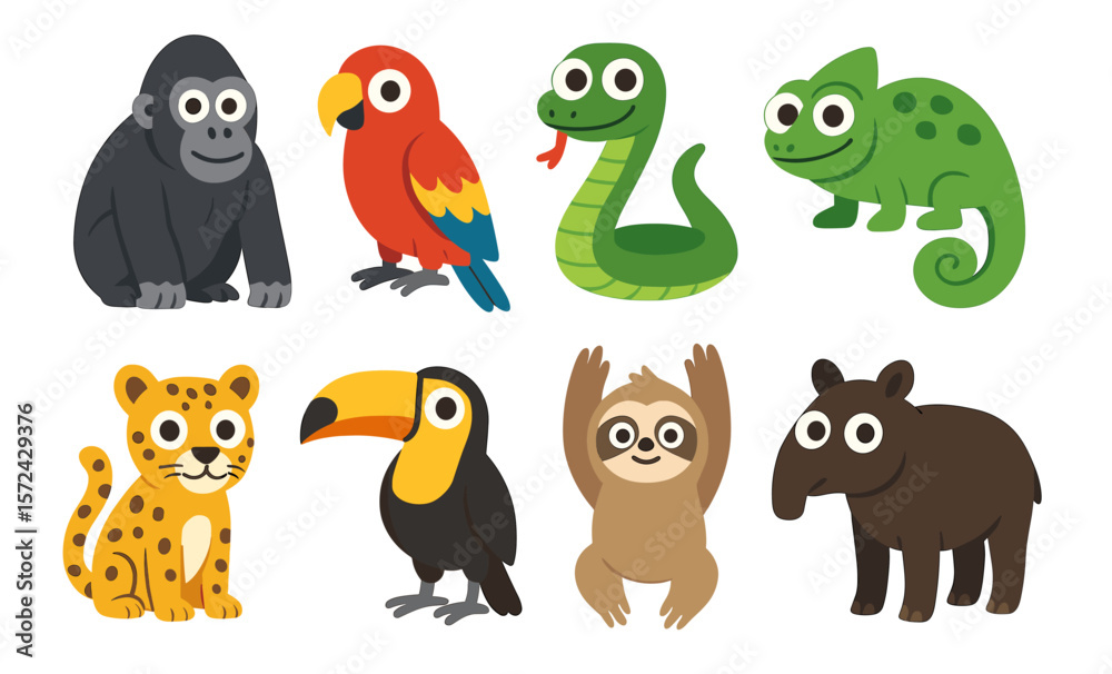 Fototapeta premium Cute cartoon jungle animals collection: parrot, snake, chameleon, gorilla, and more