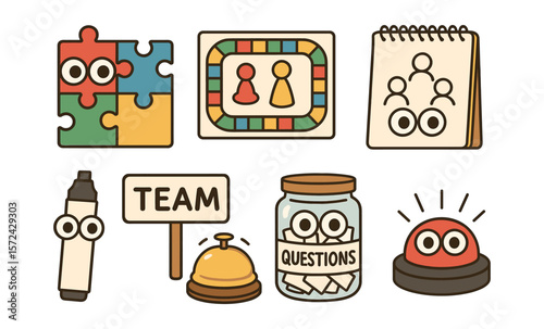 Teamwork icons: puzzle pieces, board game, questions, and more with cute eyes
