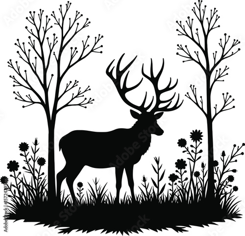 Vector art of silhouette of a stag with large antlers standing among trees and flowers isolated on white background