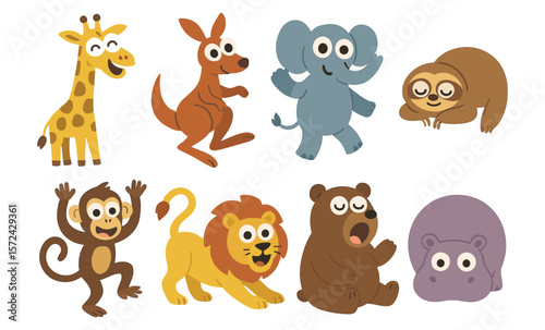 Adorable cartoon safari animals with playful expressions for kids' designs