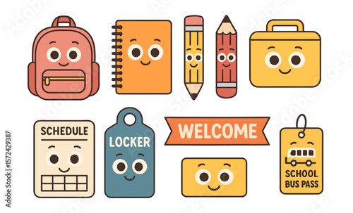 Cheerful school supplies mascot set with backpack, notebook, and stationery characters