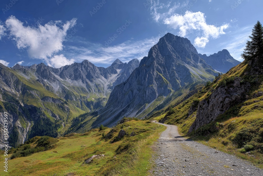 Obraz premium Rocky mountain landscape with a dirt road in the foreground and a blue sky with scattered clouds above