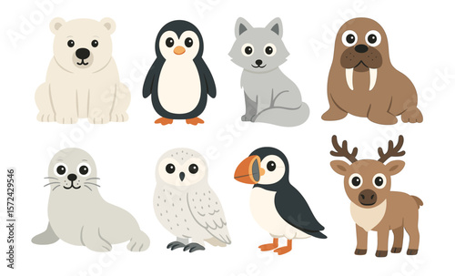 Cute arctic animals collection: polar bear, penguin, arctic fox, walrus, seal, owl, puffin, reindeer illustrations