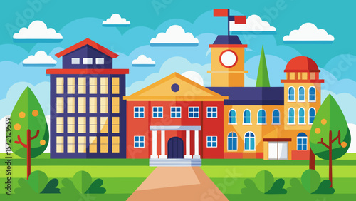 Vector art of a modern and classic school campus with a mix of architectural styles, including a tall tower and a traditional building, creating a vibrant and diverse learning environment