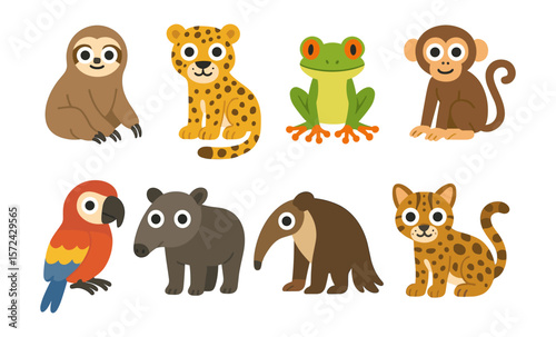 Cute cartoon animals: sloth monkey frog tapir anteater parrot leopard and jaguar
