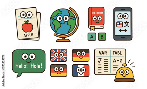 Cute language learning icons with globe, flashcards, dictionary, flags, and translation app