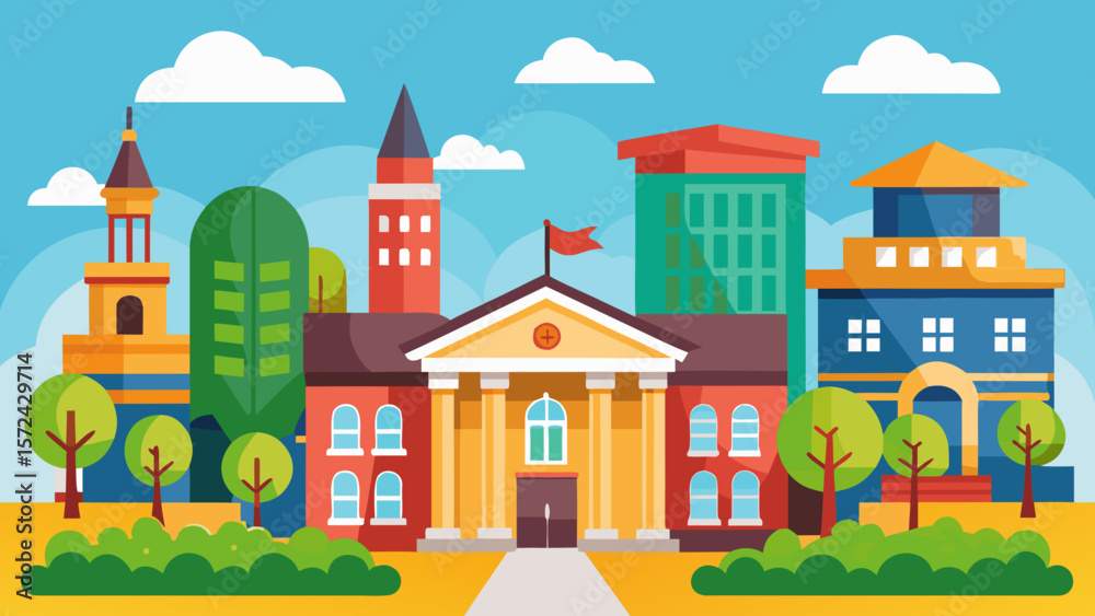 Naklejka premium Vector art of a cheerful illustration showcases a vibrant school campus, featuring various buildings, lush green trees, and a bright sunny sky