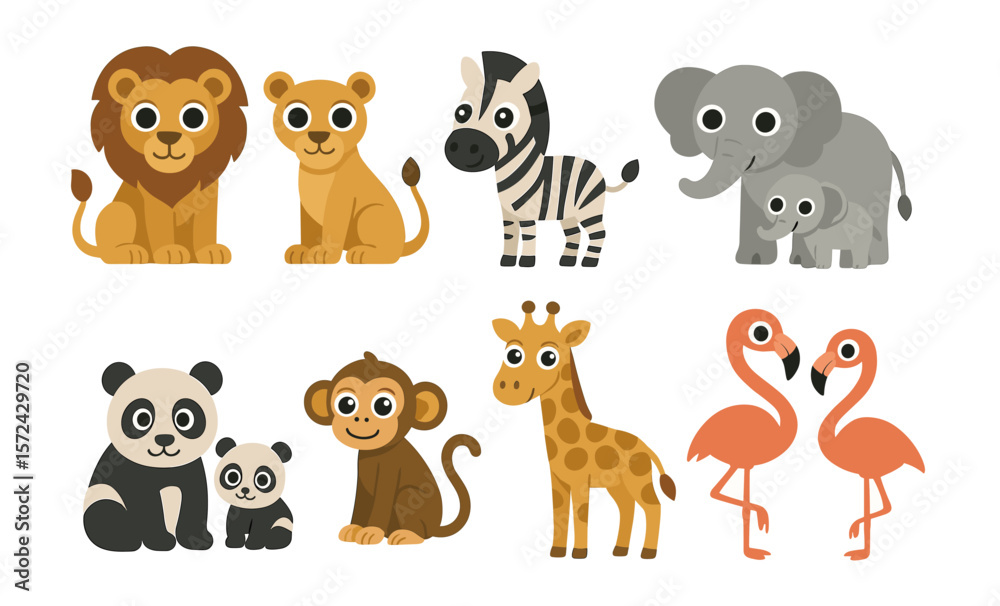 Obraz premium Cute cartoon safari animals with baby companions