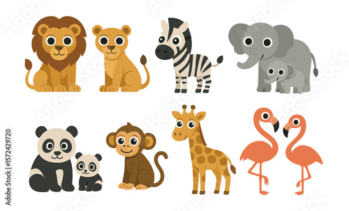 Cute cartoon safari animals with baby companions