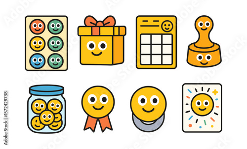 Friendly reward icons featuring sticker sheet, prize box, reward chart, badge, and celebration card