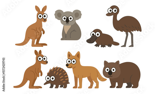 Cute cartoon australian animals collection featuring kangaroo, koala, platypus, emu, and wombat