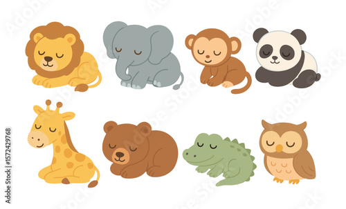 Adorable cartoon animals sleeping: lion, elephant, monkey, panda, giraffe, bear, crocodile, owl