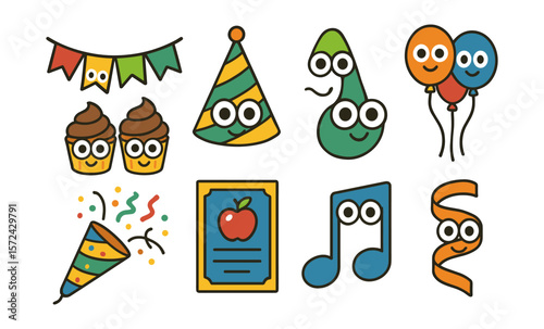 Colorful celebration icons with cute faces: party hat, music, cupcakes, and balloons