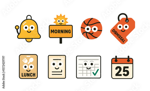 Cute school icons: bell, morning, recess, and more for classroom use