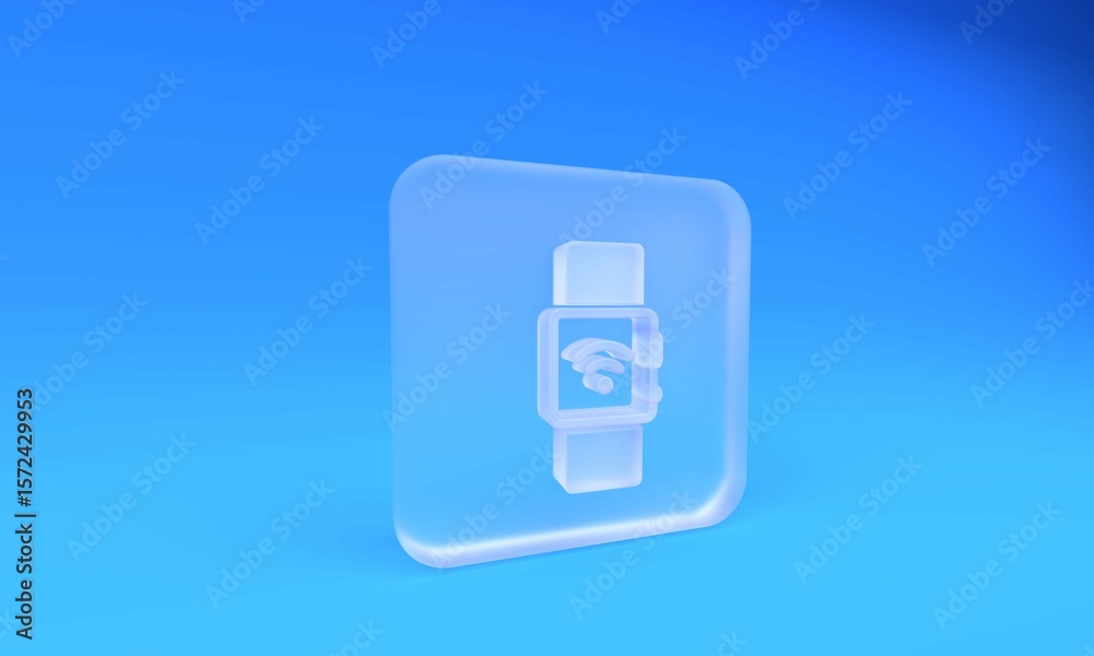 Frosted glass Smartwatch with wireless symbol icon isolated on blue background. Square frosted glass button. 3D render illustration Frosted glass Smartwatch with wireless symbol icon isolated on blue background. Square frosted glass button. 3D render illustration