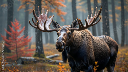Powerful Bull Moose Staring Directly into Camera in a Tranquil Fall Forest Setting with Warm Natural Light