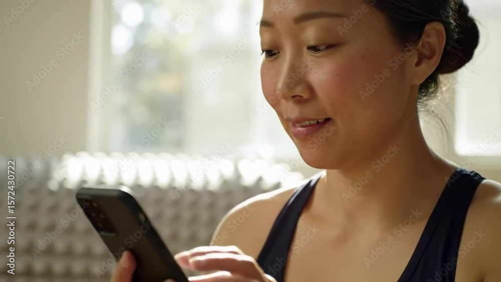 Smiling Woman Engaging with Smartphone in Bright Home Environment for Relaxation and Communication