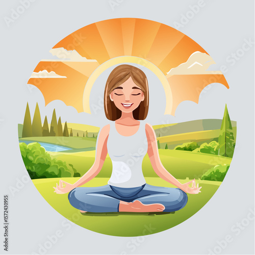 Beautiful woman practices yoga in lotus pose for fitness, health, and relaxation