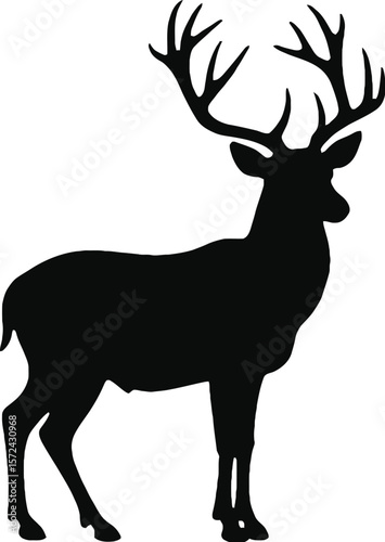 Vector art of silhouette of a stag standing with large antlers isolated on white background