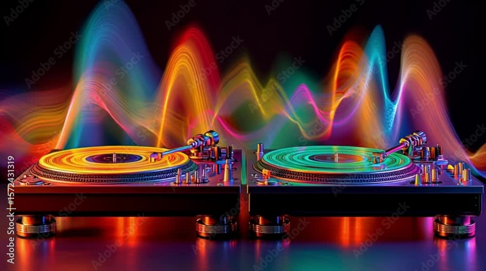 Colorful DJ Turntables with Vibrant Audio Waves - 4K EDM Visualizer