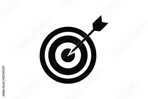 Black and white graphic illustration of an arrow hitting the center bullseye of a target representing success and achievement