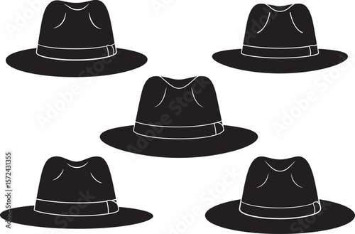 Collection of five black fedora hats in a simple silhouette style