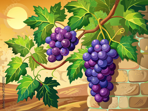 vector of Black grape vine with isolated clusters of grapes against a sunny wall...