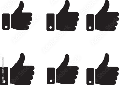 Six black thumbs up icons arranged in two rows on a white background silhouette
