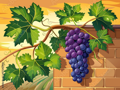 vector of Black grape vine with isolated clusters of grapes against a sunny wall...