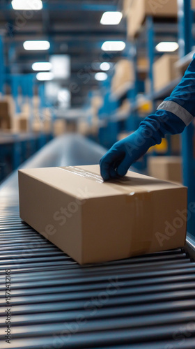 Wallpaper Mural Worker placing finished product into shipping box on conveyor belt Torontodigital.ca