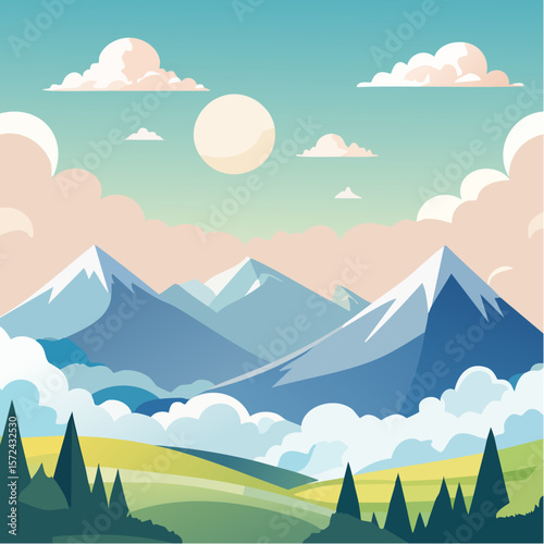Vector illustration of a summer mountain landscape with green hills, blue sky, and clouds