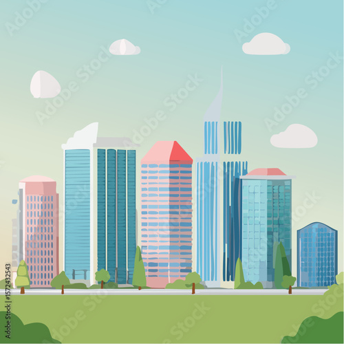 Urban skyline vector with city buildings and modern skyscraper architecture illustrating a downtown cityscape