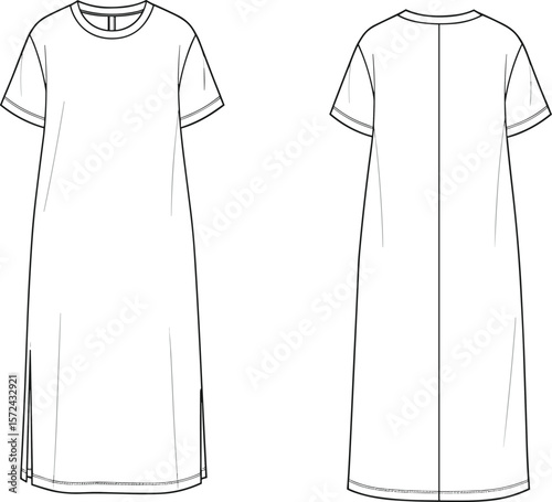 Technical flat sketch of a women's midi dress featuring a round neckline, puffed balloon sleeves with buttoned cuffs, a fitted bodice with a gathered waist, and a flared A-line skirt