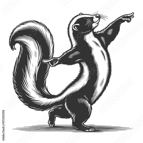 Dancing Skunk sketch engraving generative ai fictional character vector illustration. Scratch board imitation. Black and white image.