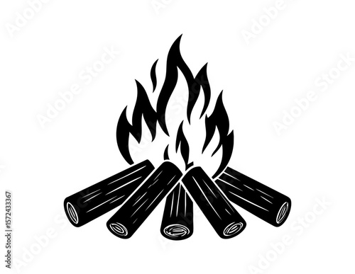 Bonfire illustration in black and white suitable for camping, outdoor events, storytelling, and naturethemed designs. Warm, cozy, and inviting.