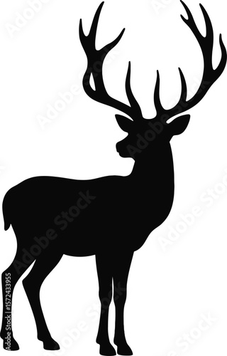 Vector art of silhouette of a majestic stag with large antlers isolated on white background