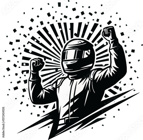 A triumphant racing driver in a helmet, celebrating victory with raised arms, surrounded by a sunburst effect.