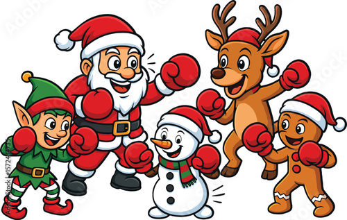 Santa Claus Playfully Boxing with Santa's Cheerful Squad