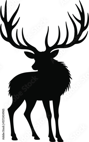 Vector art of silhouette of a majestic stag with large antlers, isolated on white background