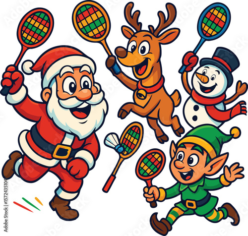 Santa Claus Playing Badmainton With His Festive Squad