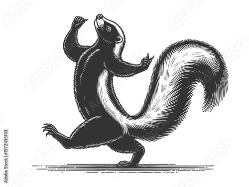 Dancing Skunk sketch engraving generative ai fictional character vector illustration. Scratch board imitation. Black and white image.