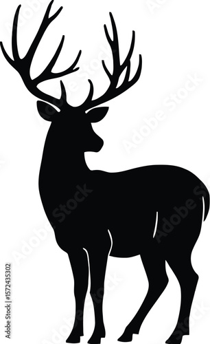 Vector art of silhouette of a majestic stag with large antlers isolated on white background
