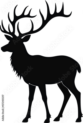 Vector art of silhouette of a majestic stag with large antlers, isolated on white background