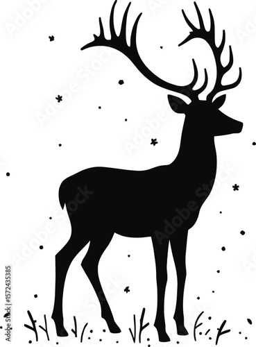 Vector art of silhouette of a stag with antlers standing in grass with speckles isolated on white background