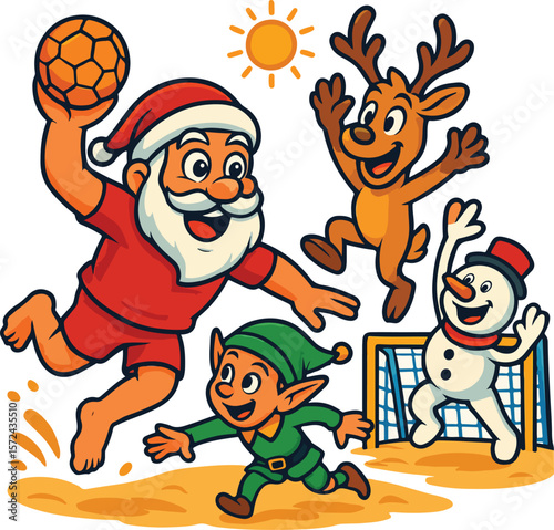 Santa Claus Playing Beach Handball With His Festive Squad